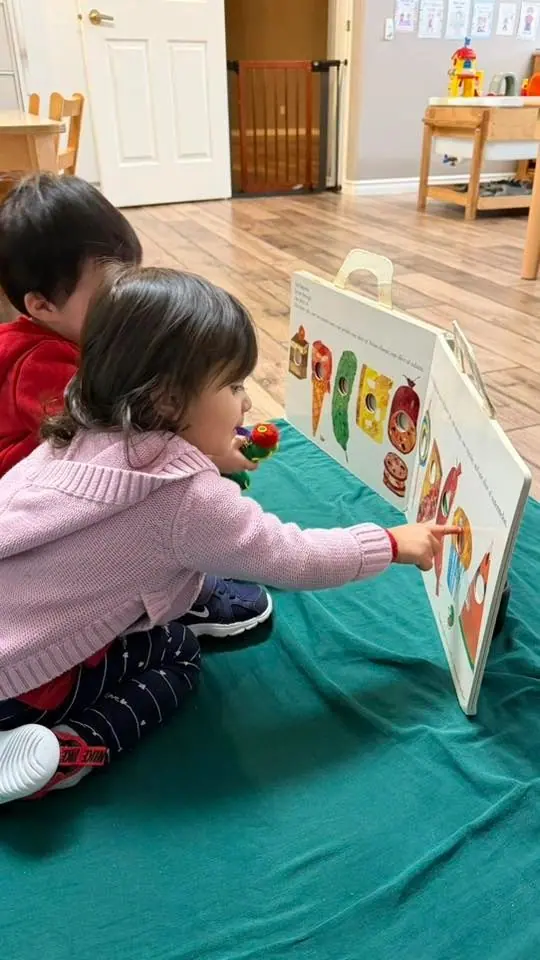 A toddler pointing at a picture story board with an educator alongside